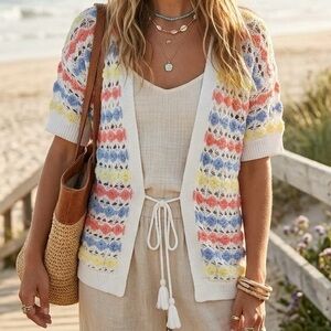 Adyson Parker Pastel Stripe Pointelle Knit Cardigan Tassel Tie Boho Cottagecore